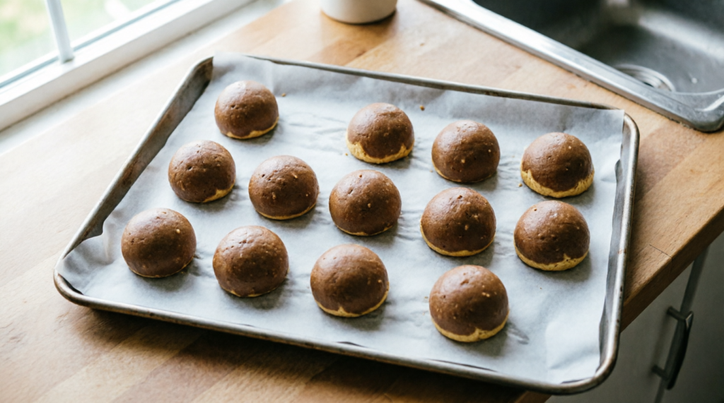 Cookie dough balls arranged on a baking tray before baking