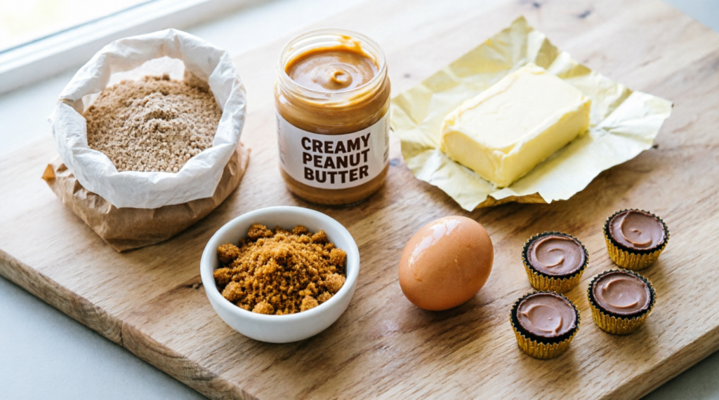 Ingredients for peanut butter cup cookies laid out on counter