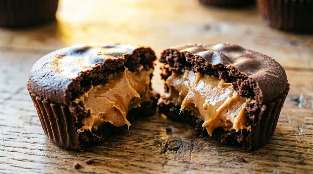 Close-up of a peanut butter cup cookie showing soft center