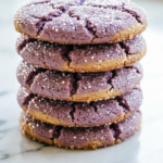 Stack of purple ube cookies with a sugar crackle top