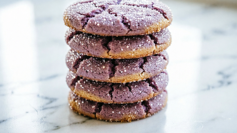 Stack of purple ube cookies with a sugar crackle top