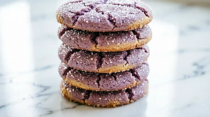 Stack of purple ube cookies with a sugar crackle top
