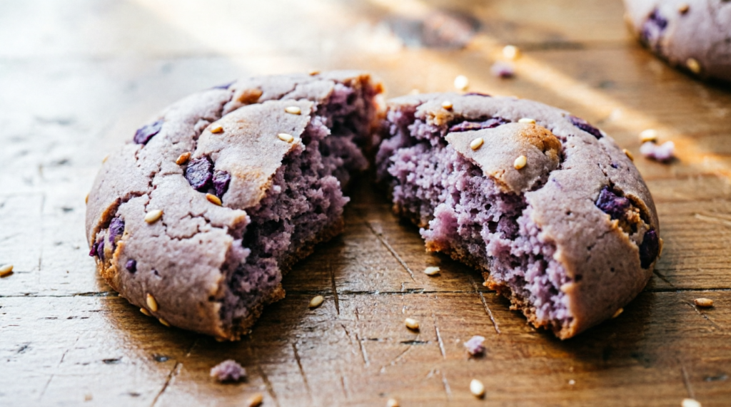 Close-up of an ube cookie broken in half showing soft purple center