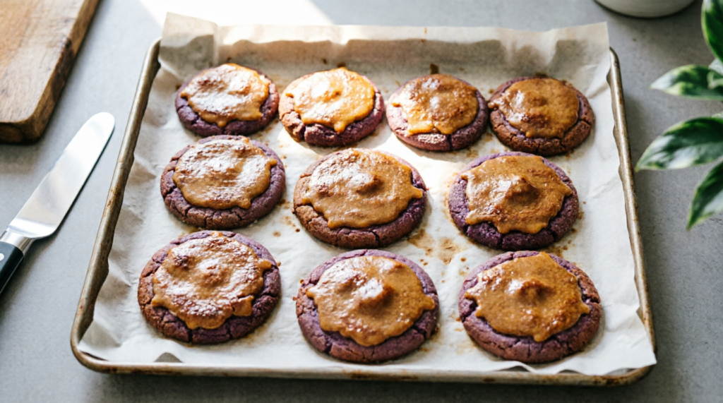 Baked ube cookies cooling on the baking tray