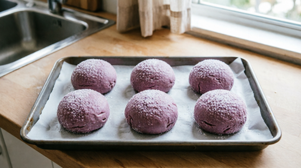 Purple ube cookie dough balls rolled in sugar on a baking tray