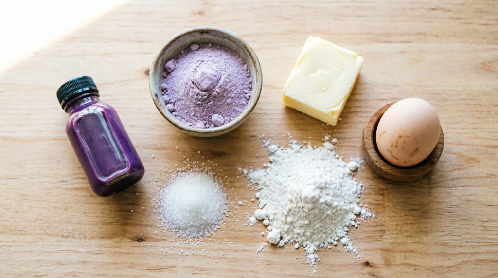 Ingredients for ube cookies laid out on counter