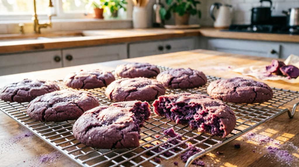 Finished ube cookies on a wire rack